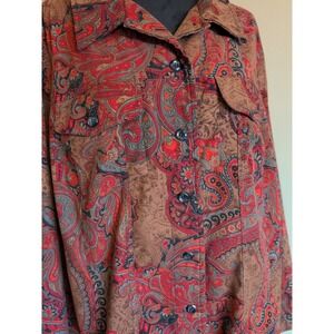 2X Plus Islander Blouse Women Rust Paisley Button Down Long Sleeve Shirt Stretch
